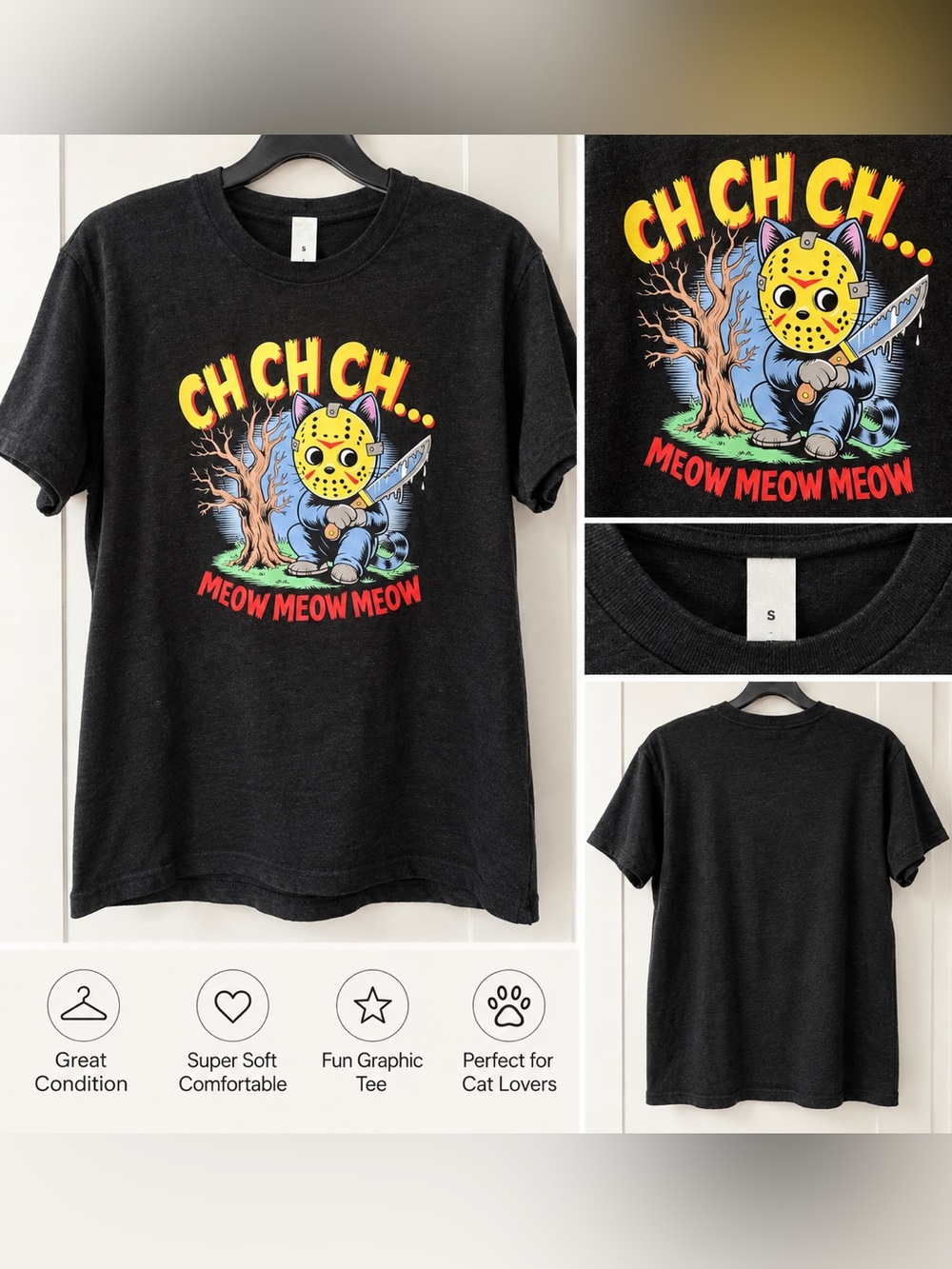 Halloween Charcoal Cat Tee - 'CH CH CH... Meow Meow Meow'